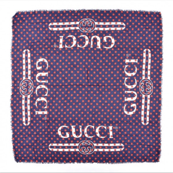 NWT GUCCI Modal Silk Polka Dot Print Scarf Blue White Red - Picture 5 of 5